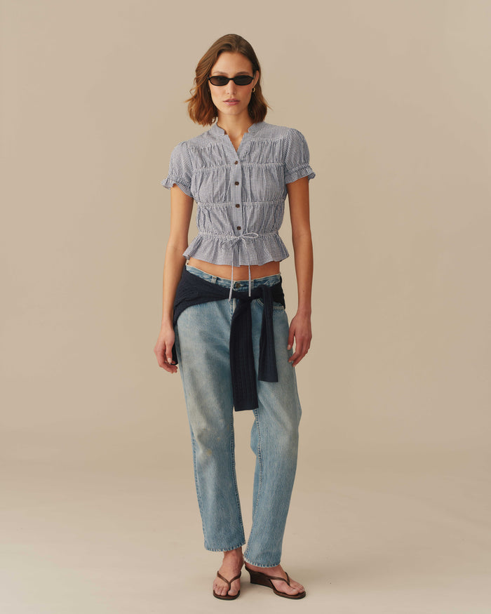 Women's Cotton Gingham Shirred Top Navy