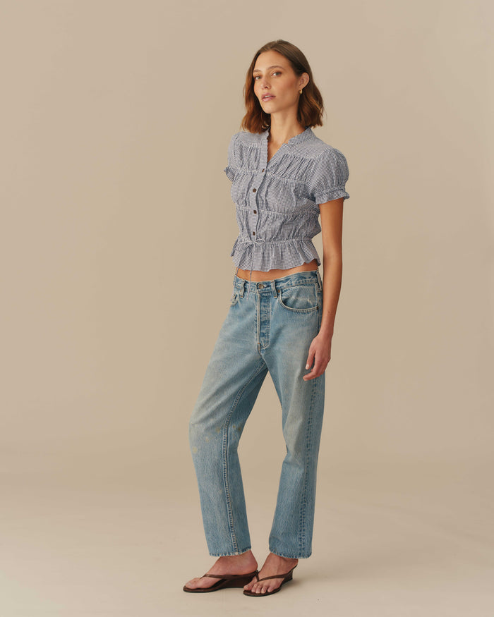 Women's Cotton Gingham Shirred Top Navy