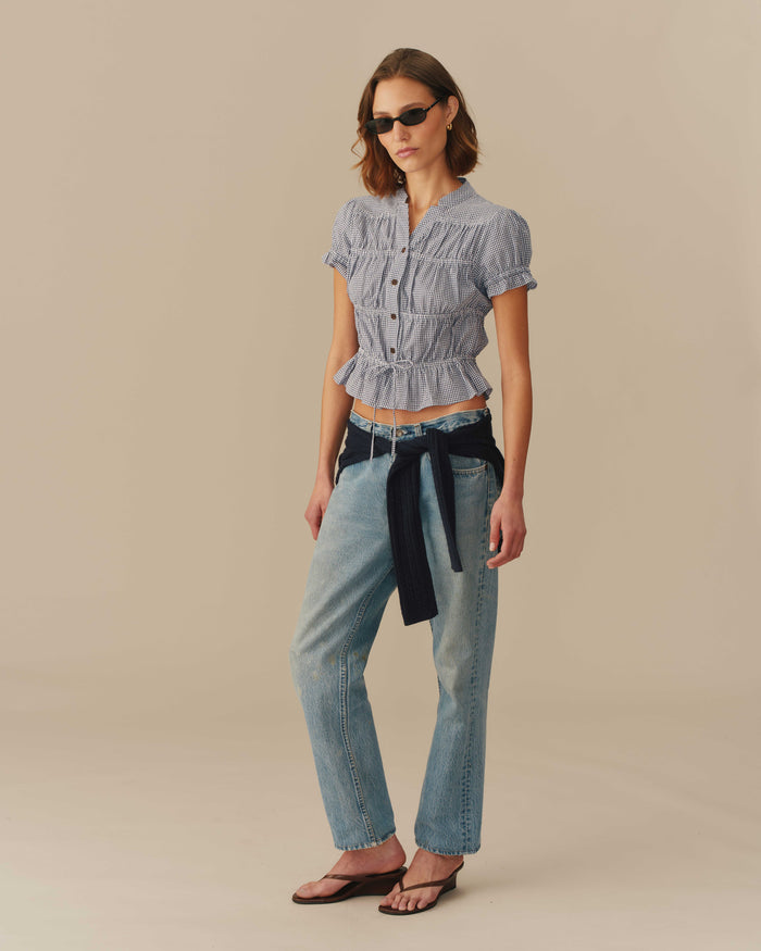 Women's Cotton Gingham Shirred Top Navy