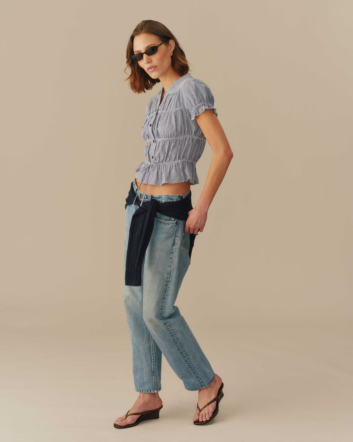 Women's Cotton Gingham Shirred Top Navy