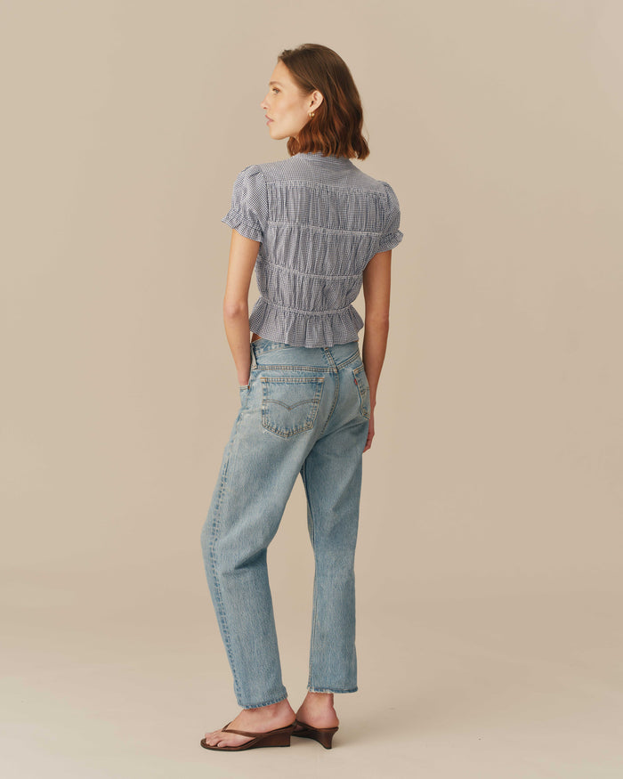 Women's Cotton Gingham Shirred Top Navy