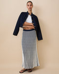 Women's Cotton Knit Pleated Skirt Blue White Stripe