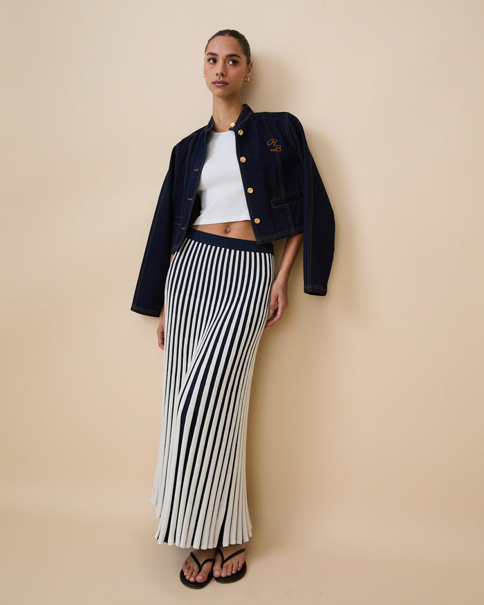 Women's Cotton Knit Pleated Skirt Blue White Stripe