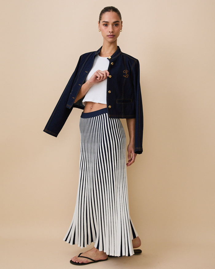 Women's Cotton Knit Pleated Skirt Blue White Stripe