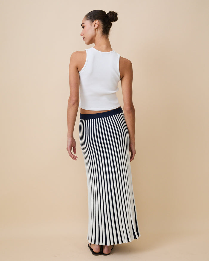 Women's Cotton Knit Pleated Skirt Blue White Stripe