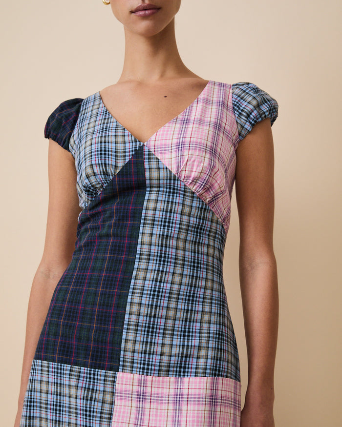 Women's Cotton Patch Work Plaid Dress Mixed Plaid