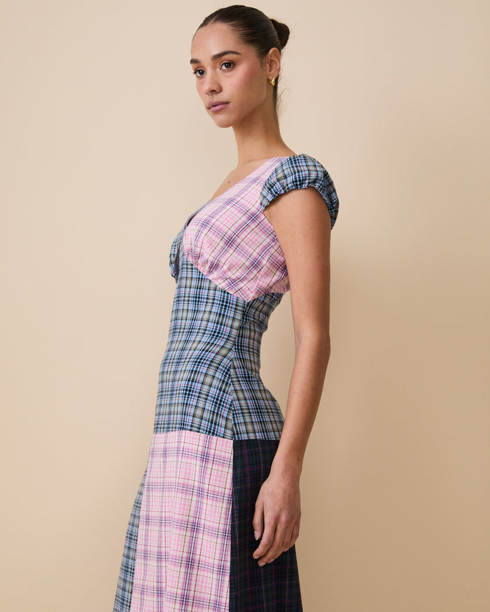 Women's Cotton Patch Work Plaid Dress Mixed Plaid