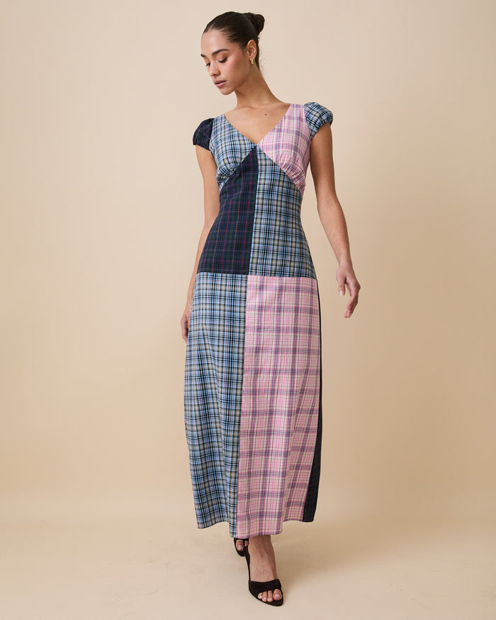 Women's Cotton Patch Work Plaid Dress Mixed Plaid