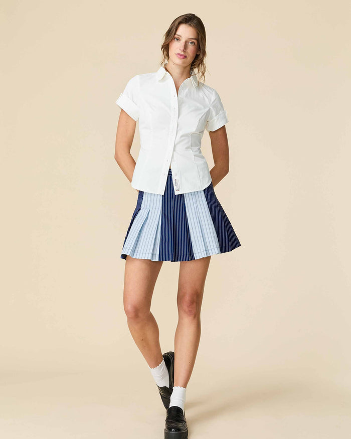 Women's Cotton Pleated Mini Skirt Blue Mixed Pinstripe