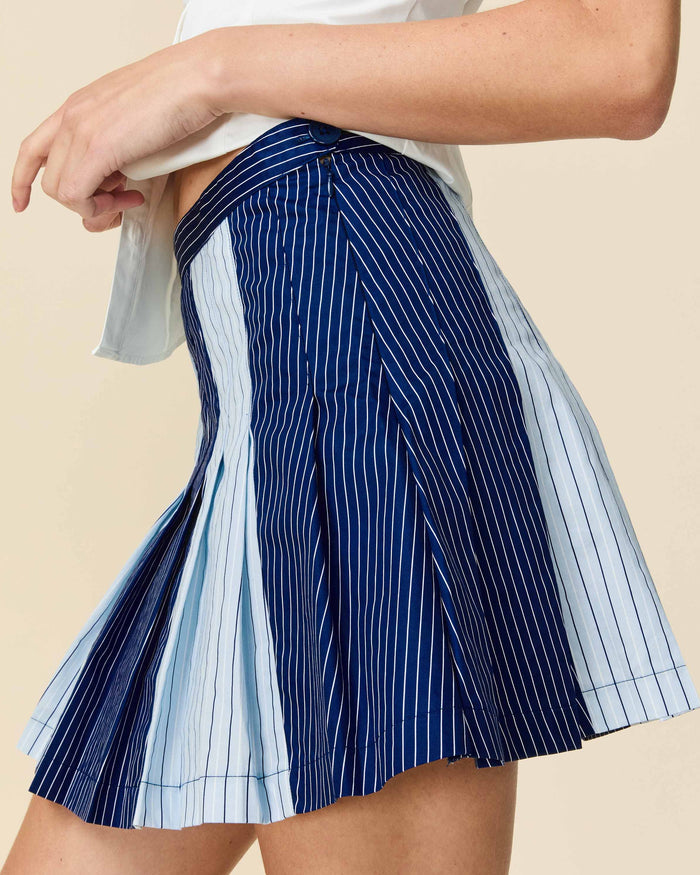 Women's Cotton Pleated Mini Skirt Blue Mixed Pinstripe