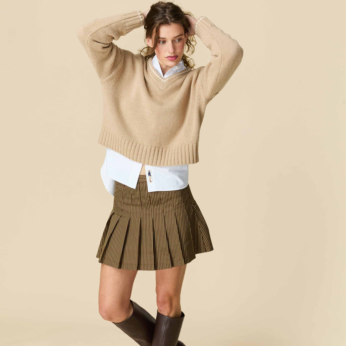 Women's Cotton Pleated Mini Skirt Brown and Butter Yellow Pinstripe