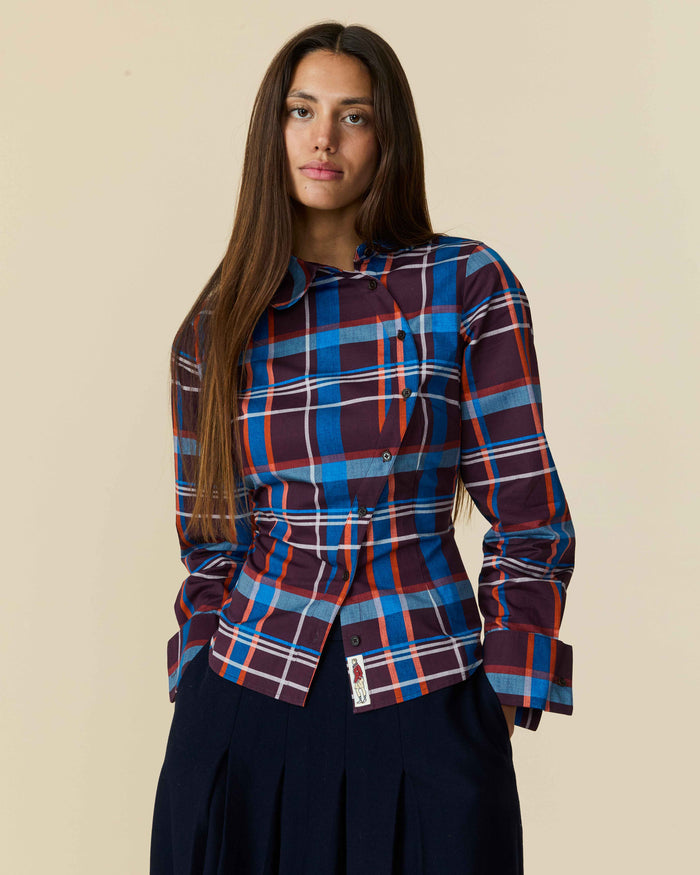 Women's Cotton Poplin Plaid Asymmetrical Button Down Blue Brown Plaid