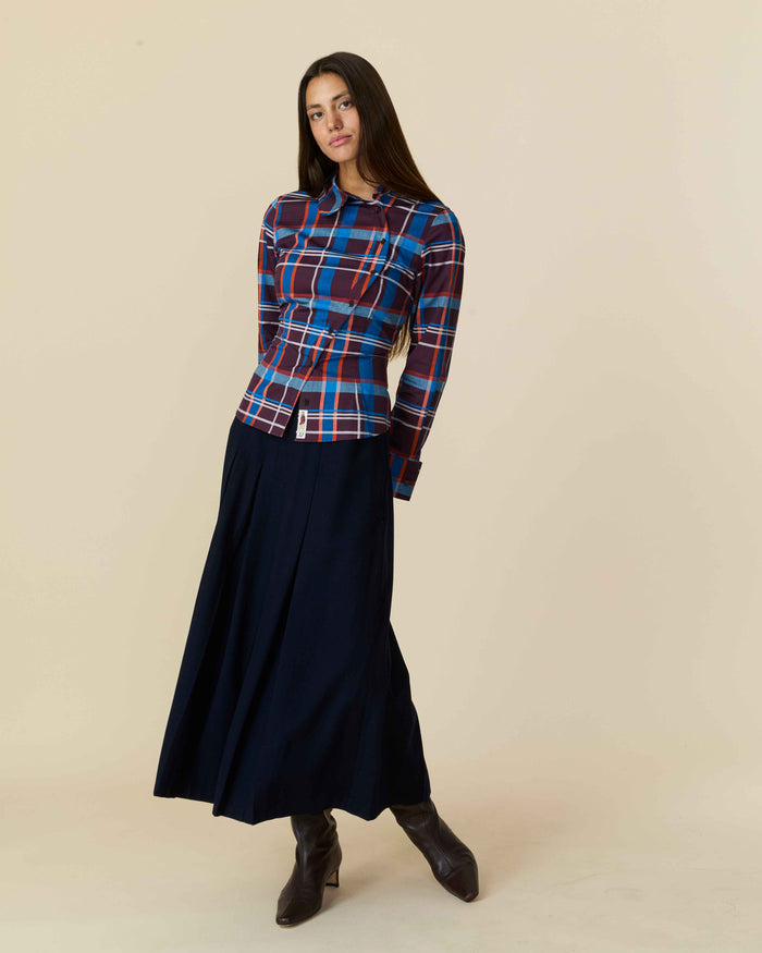 Women's Cotton Poplin Plaid Asymmetrical Button Down Blue Brown Plaid