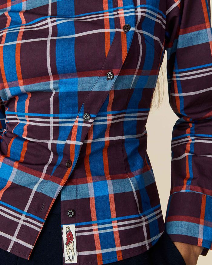 Women's Cotton Poplin Plaid Asymmetrical Button Down Blue Brown Plaid