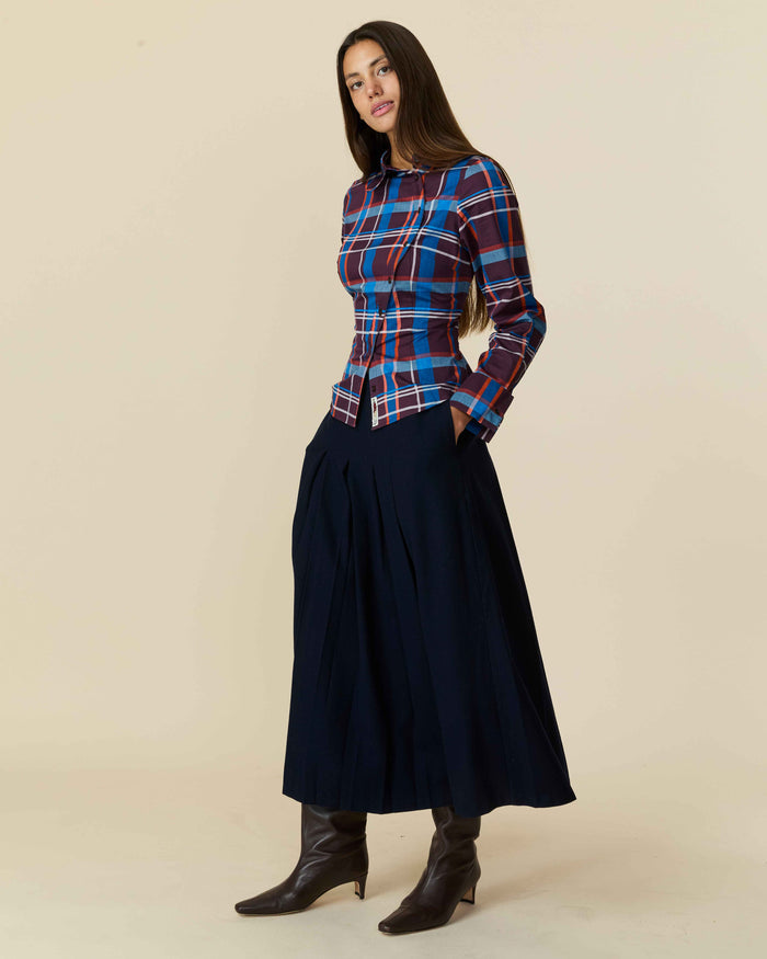 Women's Cotton Poplin Plaid Asymmetrical Button Down Blue Brown Plaid