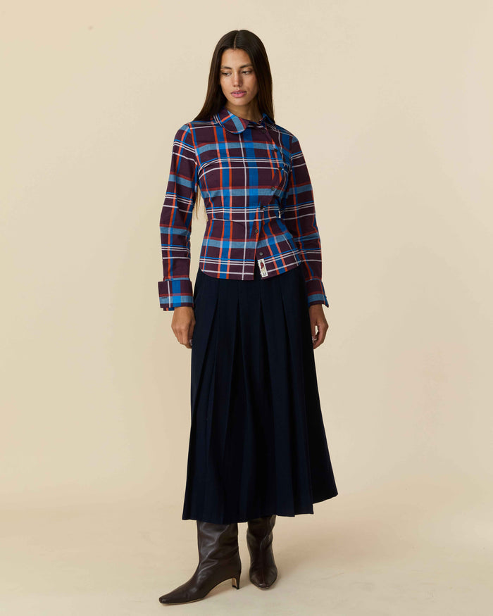 Women's Cotton Poplin Plaid Asymmetrical Button Down Blue Brown Plaid