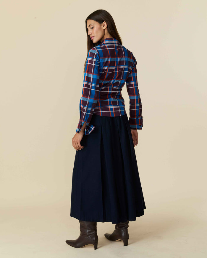 Women's Cotton Poplin Plaid Asymmetrical Button Down Blue Brown Plaid