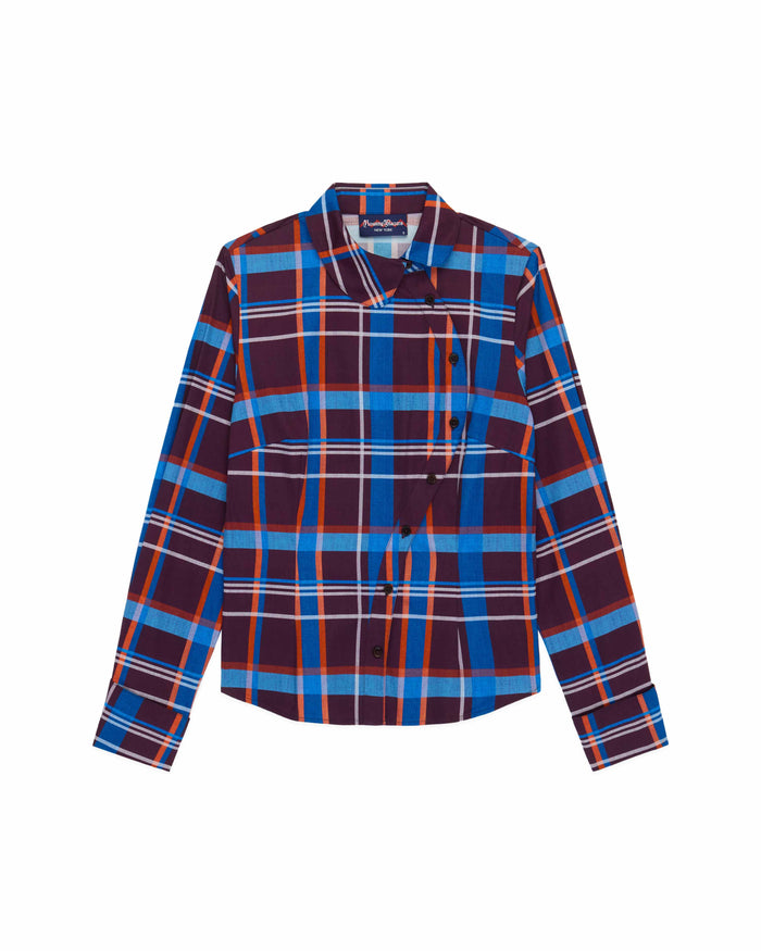 Women's Cotton Poplin Plaid Asymmetrical Button Down Blue Brown Plaid