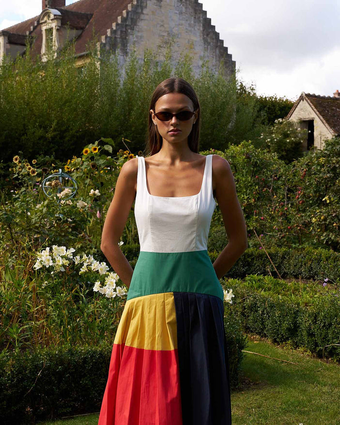 Women's Cotton Poplin Pleated Dress Colorblock