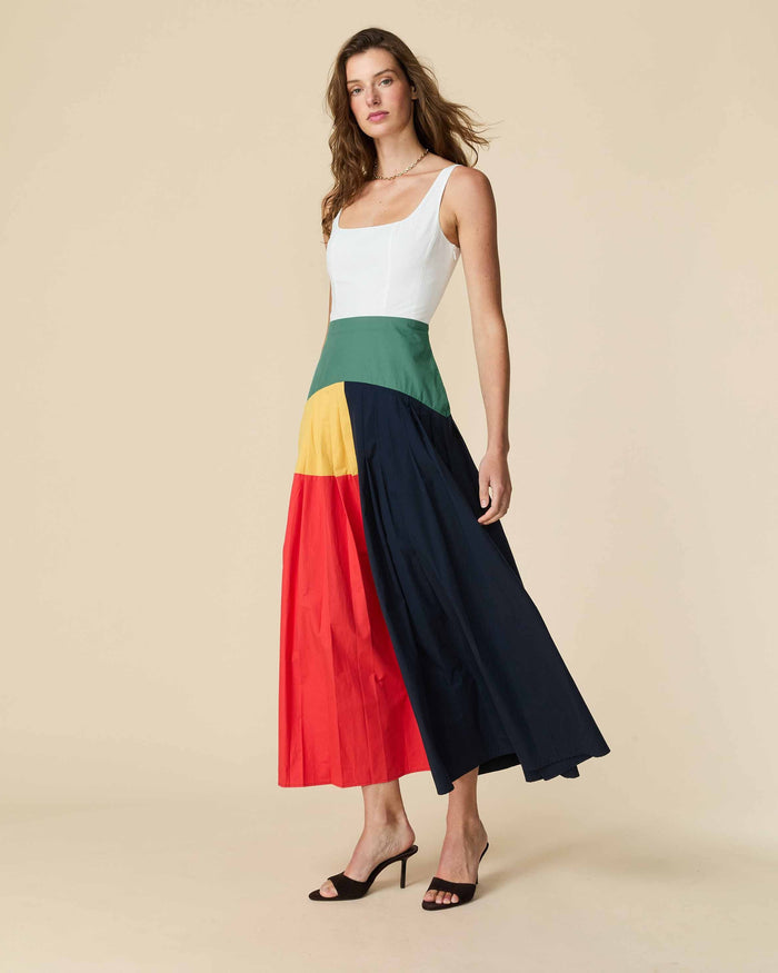 Women's Cotton Poplin Pleated Dress Colorblock