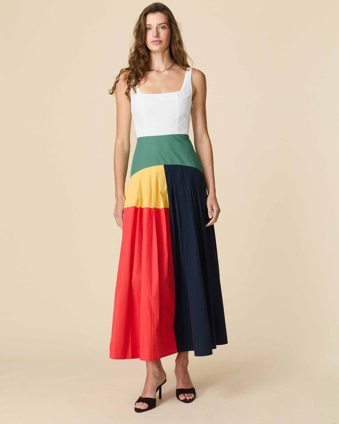 Women's Cotton Poplin Pleated Dress Colorblock