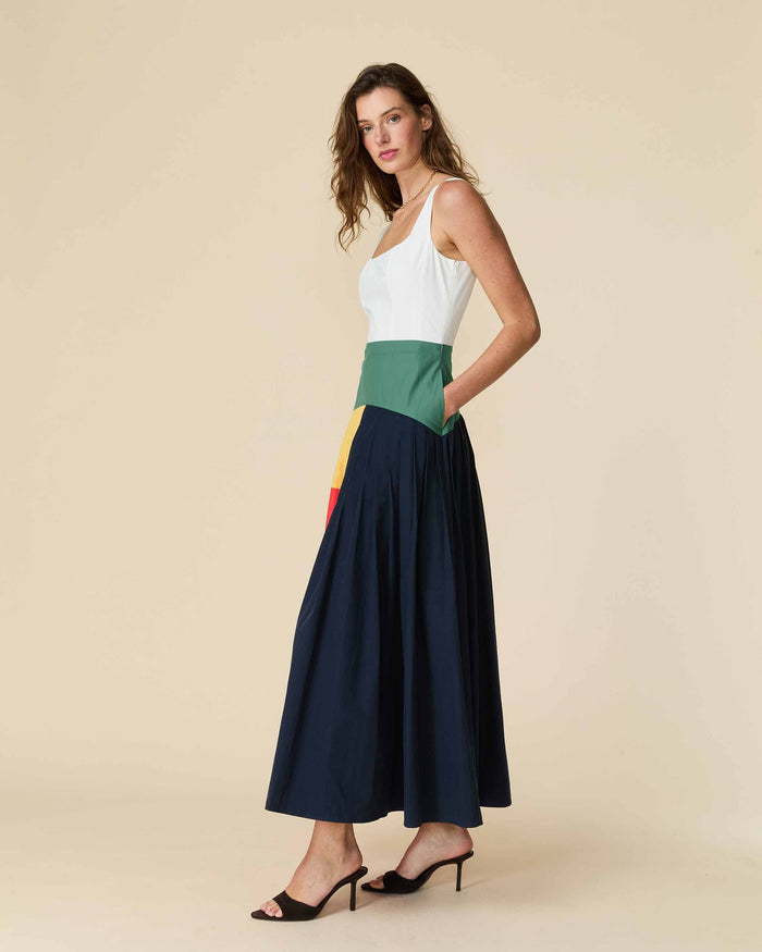 Women's Cotton Poplin Pleated Dress Colorblock