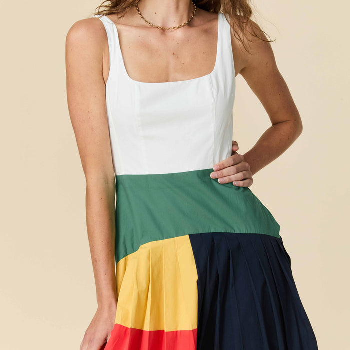 Women's Cotton Poplin Pleated Dress Colorblock