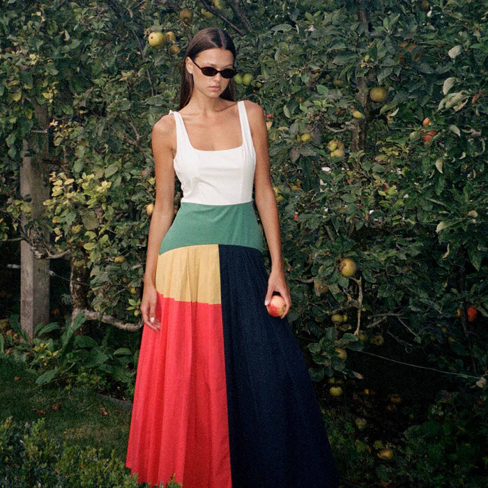 Women's Cotton Poplin Pleated Dress Colorblock