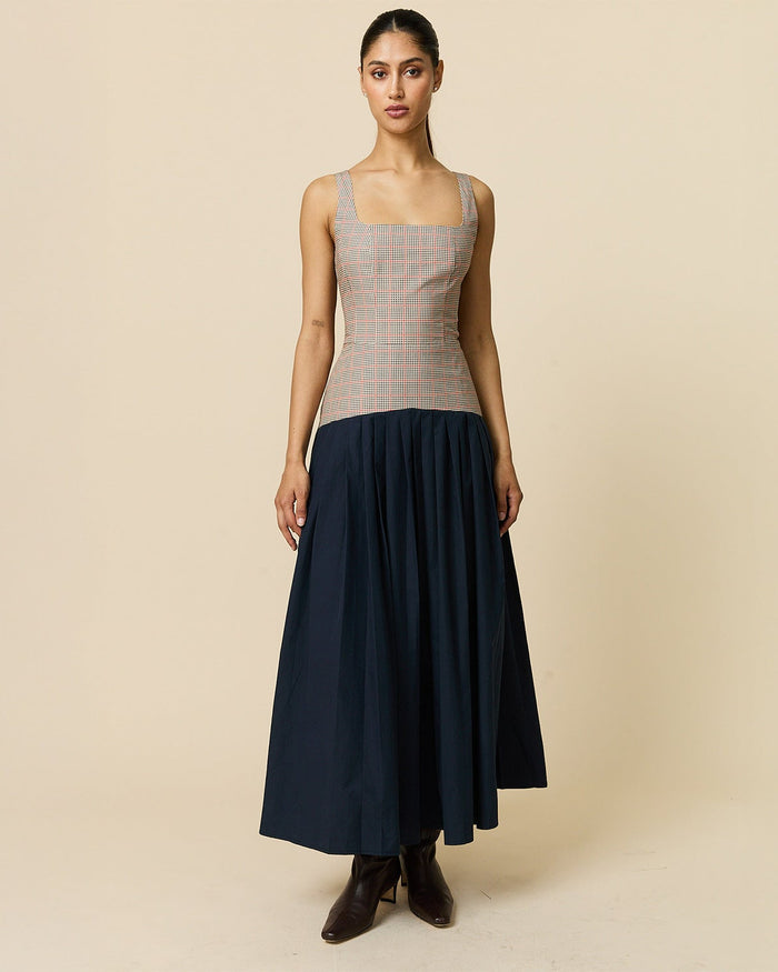 Women's Cotton Poplin Pleated Dress Navy