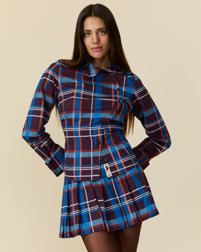 Women's Cotton Poplin Pleated Plaid Skirt Blue Brown Plaid