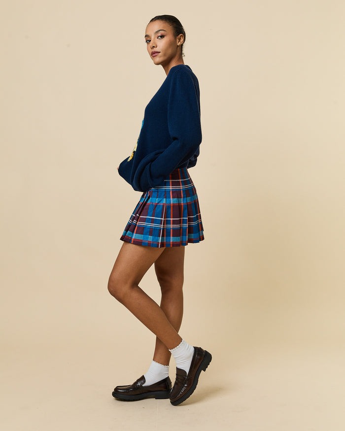 Women's Cotton Poplin Pleated Plaid Skirt Blue Brown Plaid