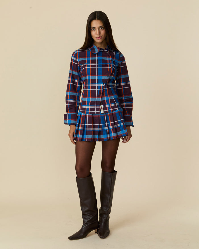 Women's Cotton Poplin Pleated Plaid Skirt Blue Brown Plaid