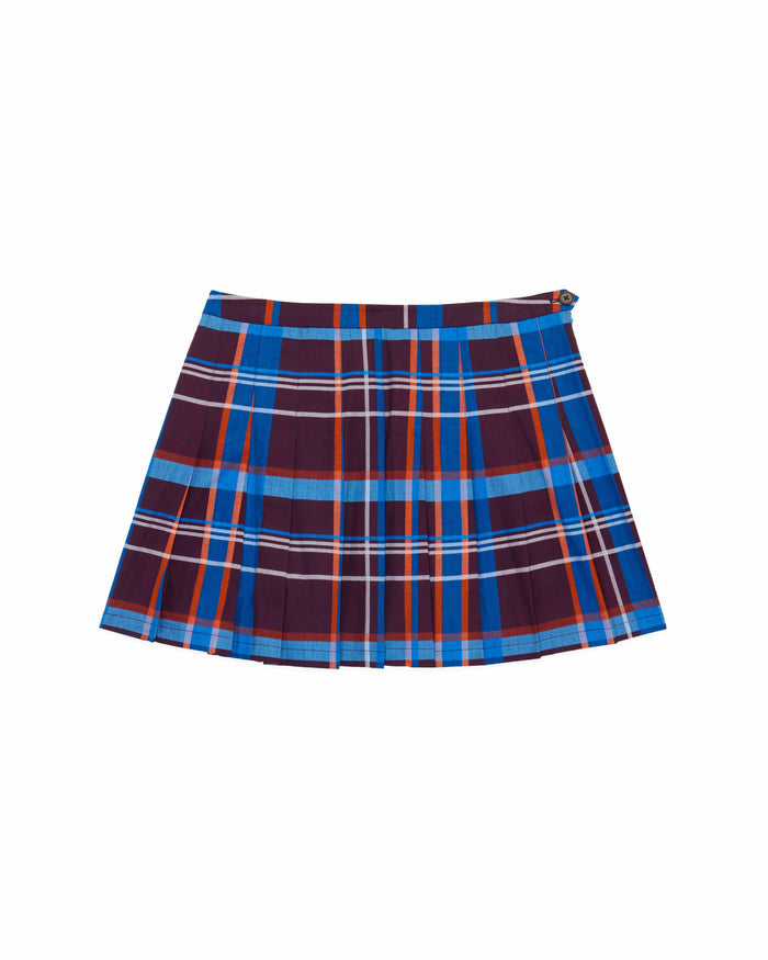 Women's Cotton Poplin Pleated Plaid Skirt Blue Brown Plaid