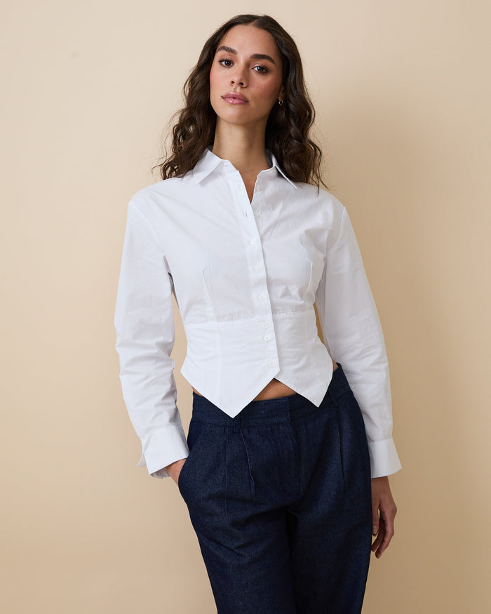 Women's Cummerbund Button Down Shirt White