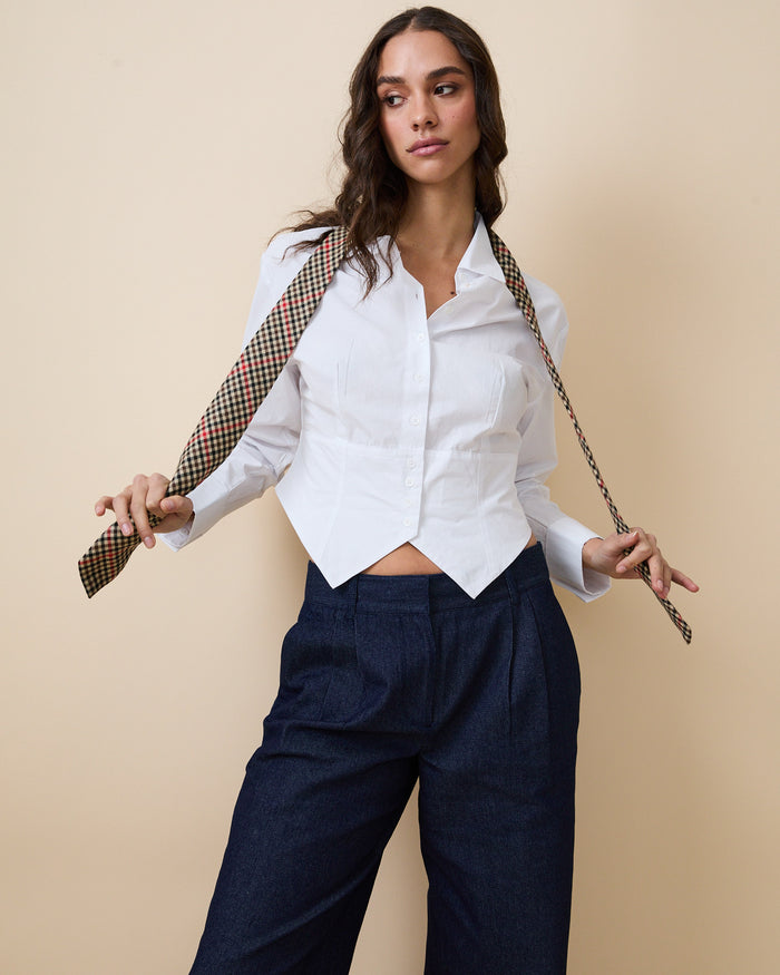 Women's Cummerbund Button Down Shirt White