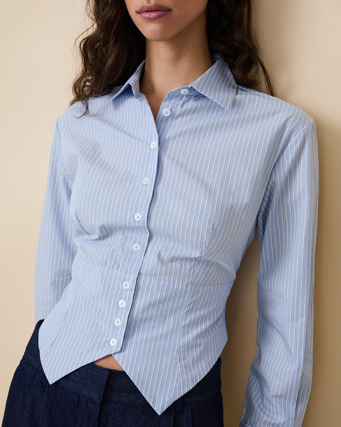 Women's Cummerbund Striped Button Down Shirt Blue