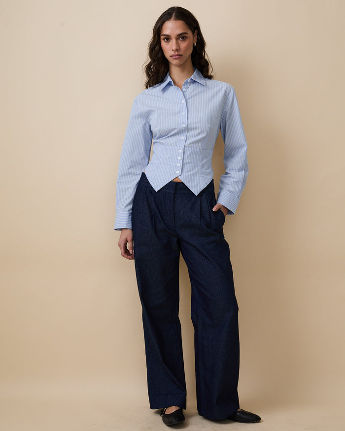 Women's Cummerbund Striped Button Down Shirt Blue