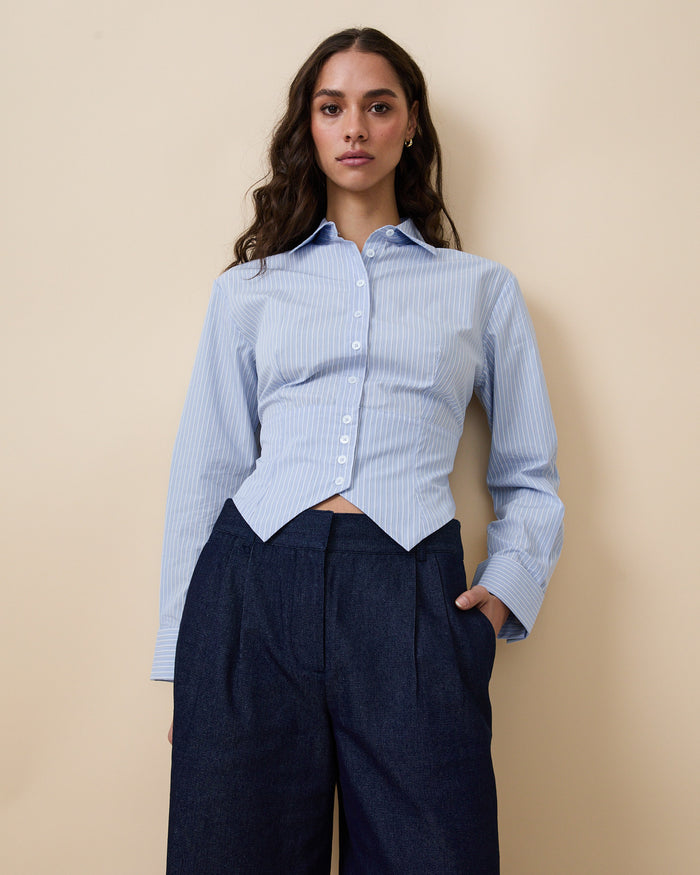 Women's Cummerbund Striped Button Down Shirt Blue