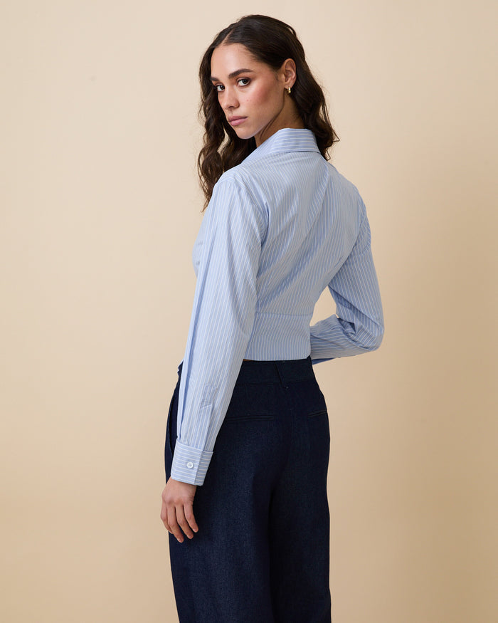 Women's Cummerbund Striped Button Down Shirt Blue