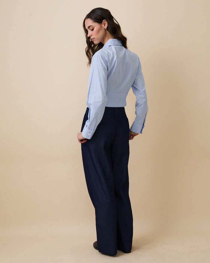 Women's Cummerbund Striped Button Down Shirt Blue