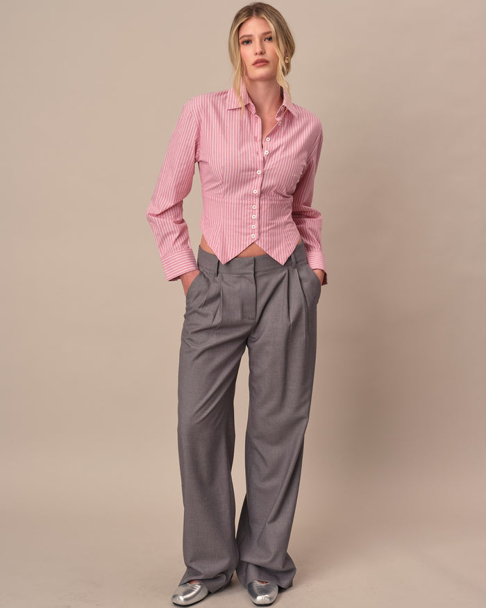 Women's Cummerbund Striped Button Down Shirt Pink