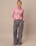 Women's Cummerbund Striped Button Down Shirt Pink