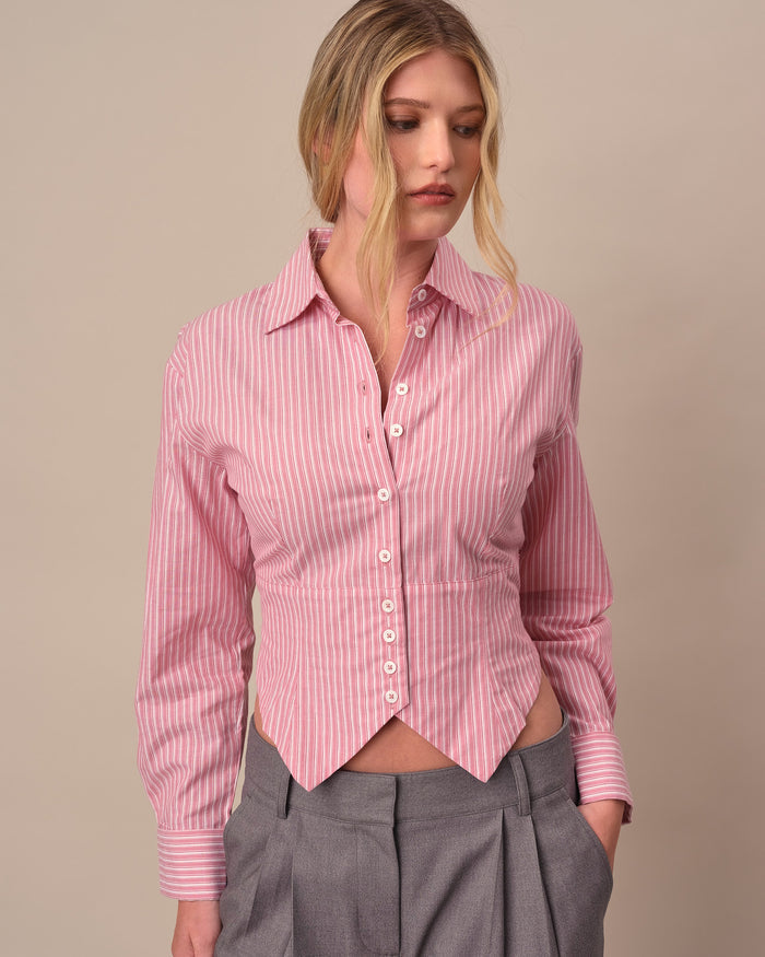 Women's Cummerbund Striped Button Down Shirt Pink