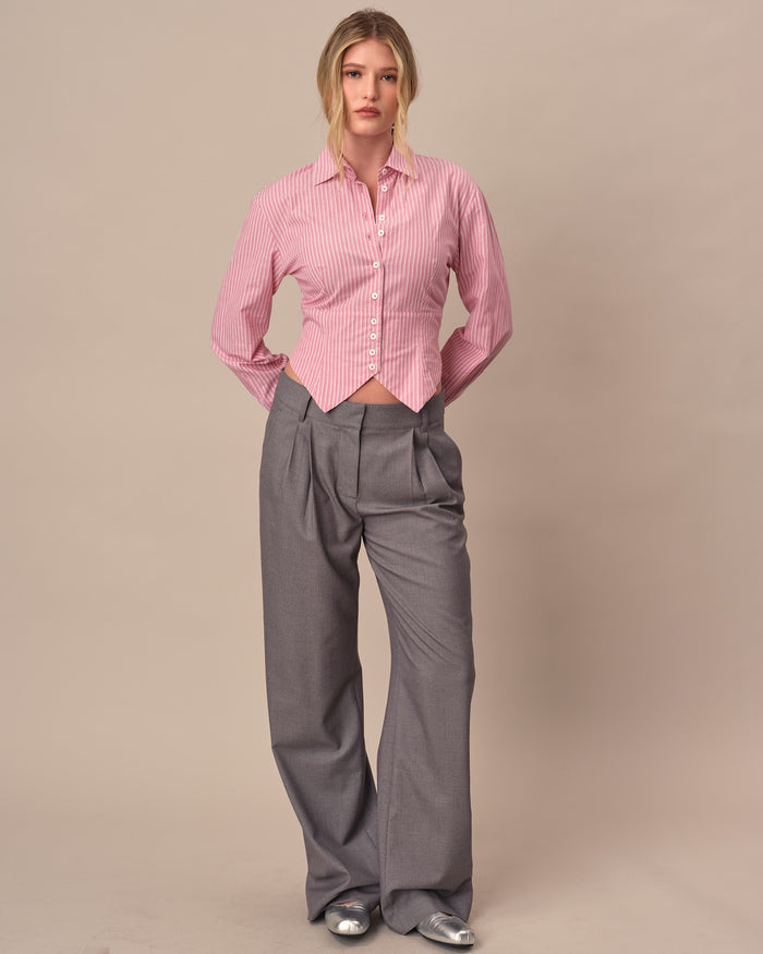 Women's Cummerbund Striped Button Down Shirt Pink