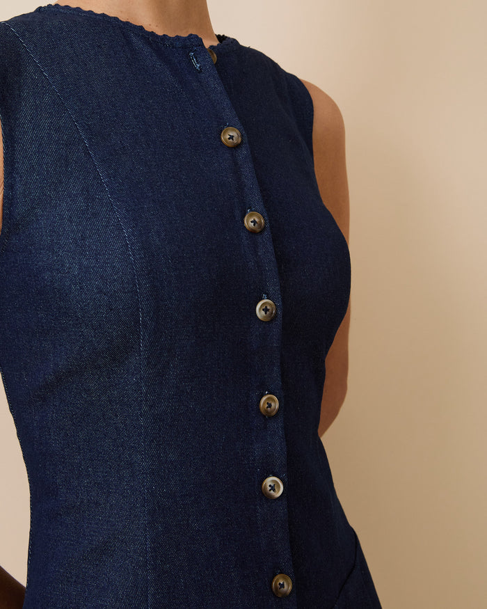 Women's Denim Pleated Dress Dark Wash