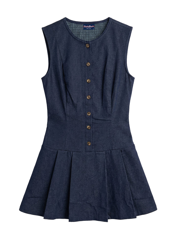 Women's Denim Pleated Dress Dark Wash