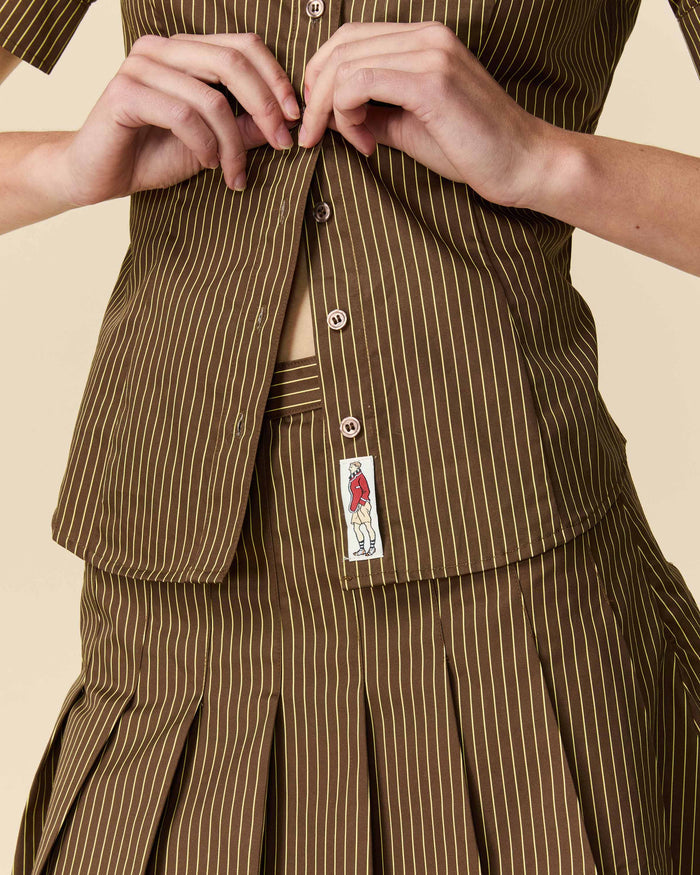 Women's Double Collar Button Down Brown and Yellow Stripe