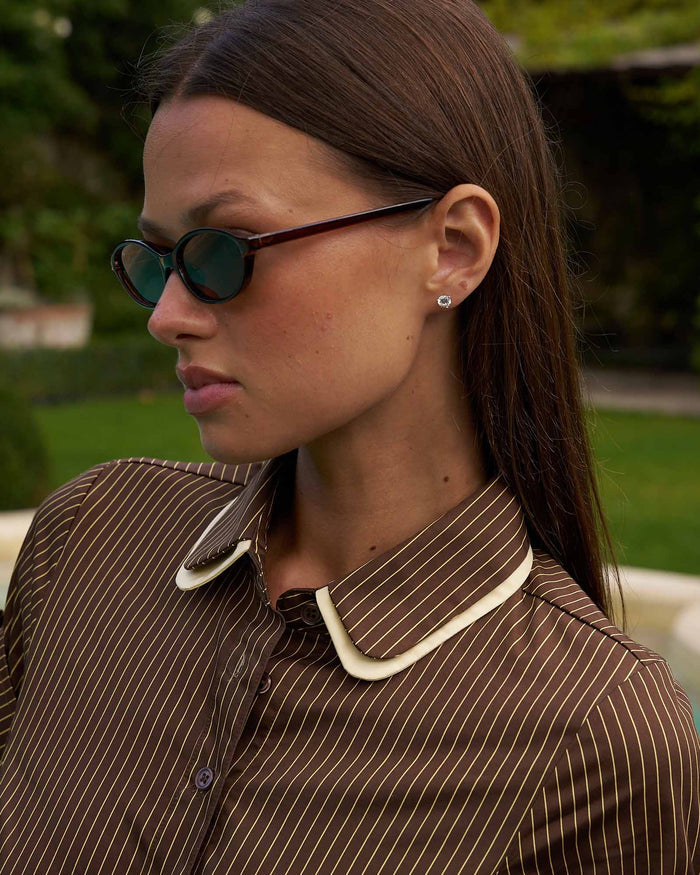 Women's Double Collar Button Down Brown and Yellow Stripe