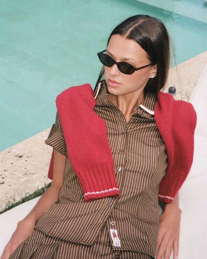 Women's Double Collar Button Down Brown and Yellow Stripe