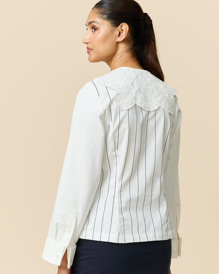 Women's Fitted Lace Collar Button Down Shirt White